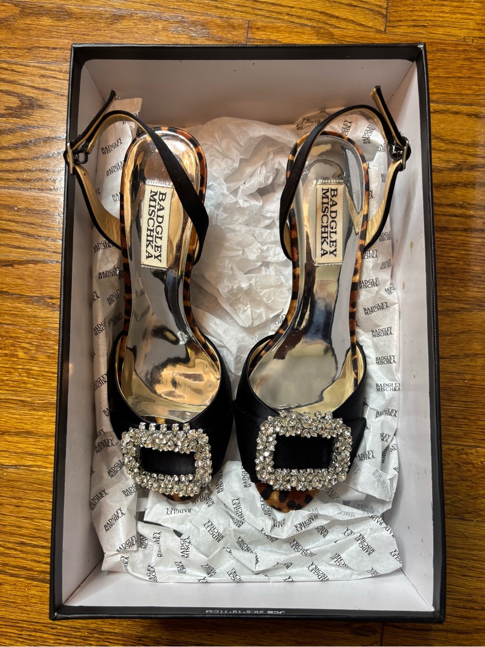 Badgley Mischka Black Satin Crystal Buckle Slingback Heels